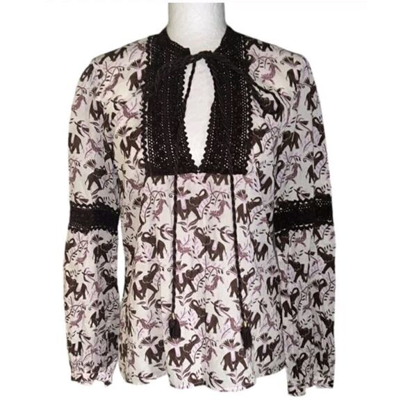 Tory Burch Cotton Embroidered Tunic Top Sz 8 Elephant Cheetah Print Boho (h - Picture 1 of 7